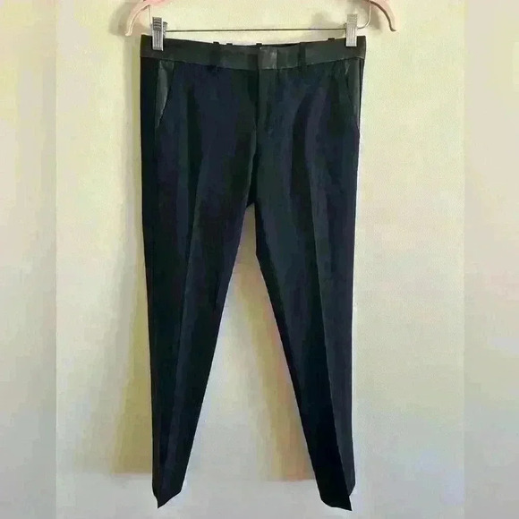 Vince 'Strapping' Leather Trim WOOL Trousers PANT BLACK 2 - Picture 5 of 7